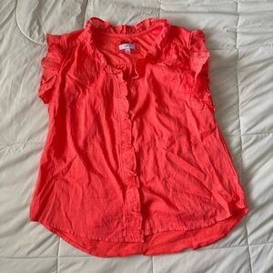 Cupio 100% Cotton Coral Orange Ruffles Short Sleeve Button Down Shirt Top Size S